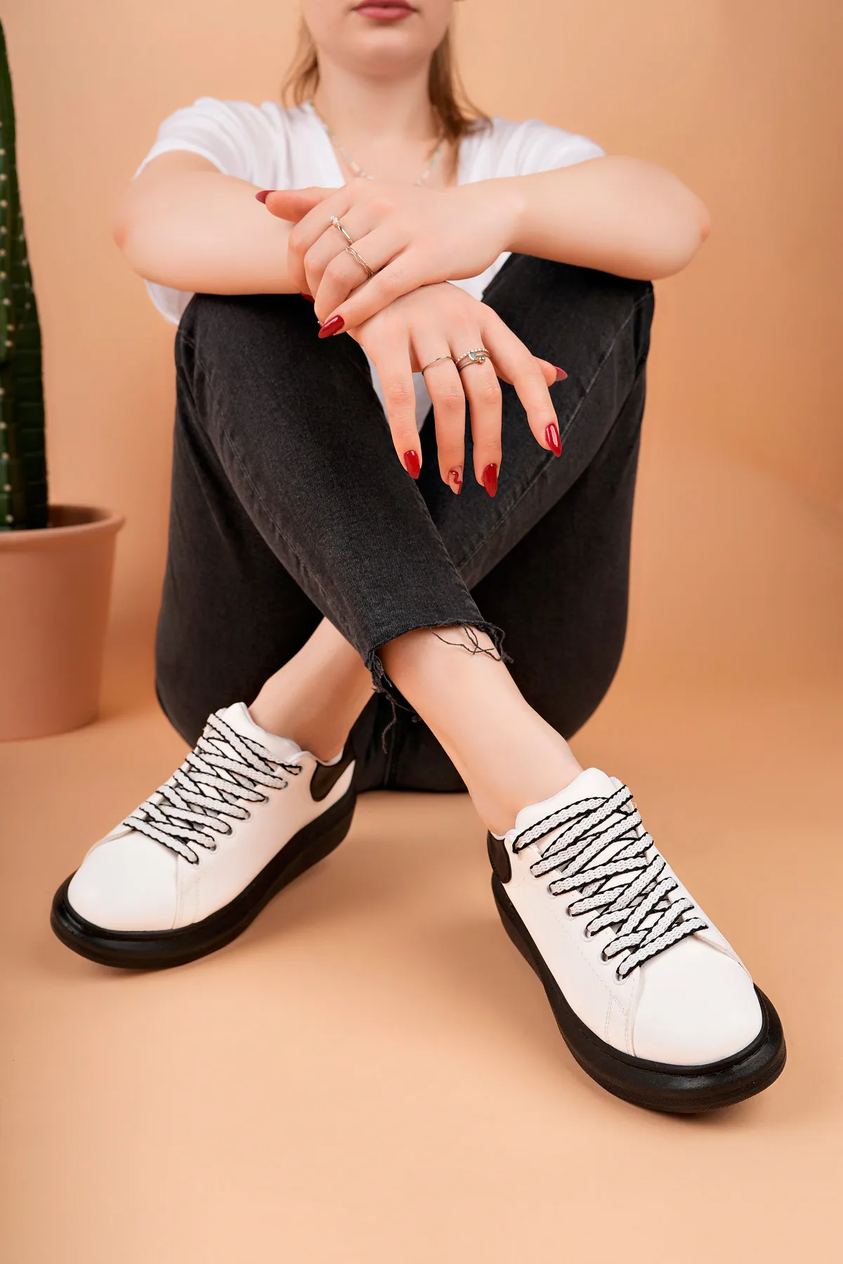 Luis a Costa LC107 Beyaz Arka Siyah ST Bağcıklı Kadın Ayakkabı - 4